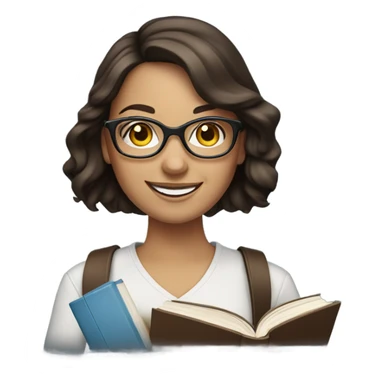 smiling brunette woman with blue eyes and glasses holding books sticker