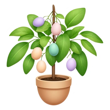 A potted plant with pastel colored eggs hanging from it sticker