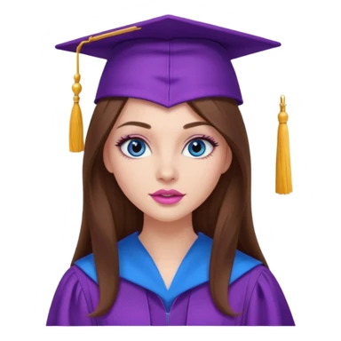 girl with beautiful very long brown hair, blue eyes, long lashes makeup, sexy pink lips, wearing a purple graduation cap and gown sticker