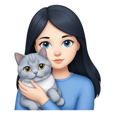 A girl with long black hair is holding a blue and white British shorthair sticker