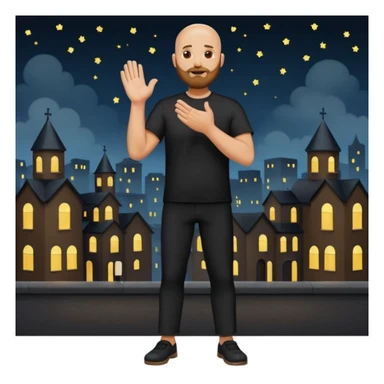 bald man with a beard, dressed in black shirt and pants, clapping hands, standing outside at night sticker