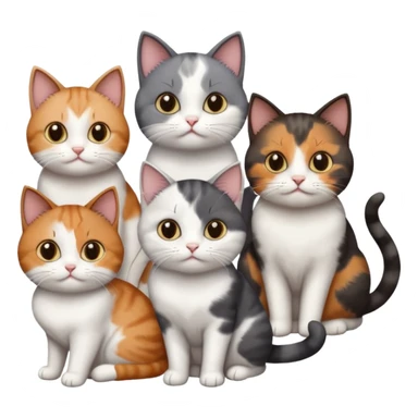 5 different coloured short haired cats including; a dark brown and white cat, and a dark grey and white, and a calico sticker