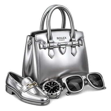 Transform the image to chrome 3D style with color. Make the gold parts black and white, the shoe white and gold, the watch black and gold, and the glasses black and gold. Keep all items highly reflective and metallic. Remove the background. sticker