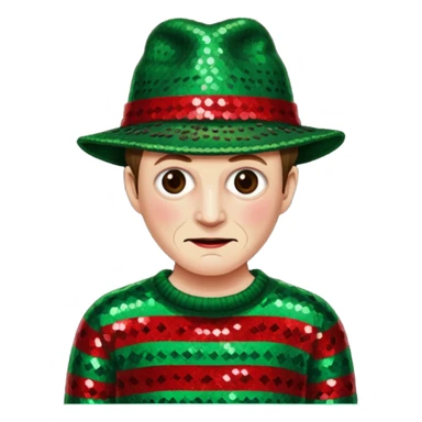 Freddy Krueger with red and green stripe sequin sweater, dark brown sequin hat sticker