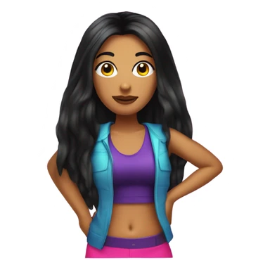Tanned woman with long black hair dressed in Y2K pop hair, makeup, and neon attire sticker