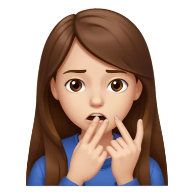 emoji de chica joven, pelo largo castaño, mordiéndose la uña sticker