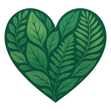 heart with a forest theme, leaves and ferns, clean digital illustration sticker