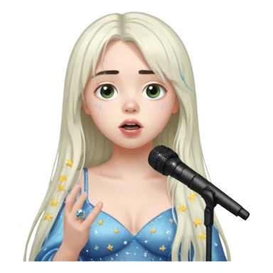 billie eilish is singing, holding mirco and twinkle dresss, white long hair, thin  sticker