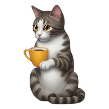 cat working on a large computer holding a coffee cup sticker