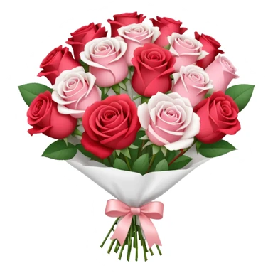A white paper-wrapped bouquet of fresh roses and baby’s breath sticker
