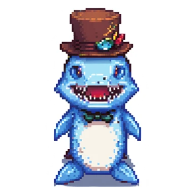pixel art shark with a fancy tophat, playful expression sticker