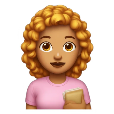 chica con pelo lardo marron solo un poco ondulado pero mas lacio, ojos marrones oscuros, con anteojo de borde superior rosa, en la mano un iPhone, una remera color mostaza  sticker