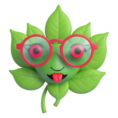 emoji with green leaf-shaped clear lens glasses, red eyes, smoke coming out of an O-shaped mouth sticker