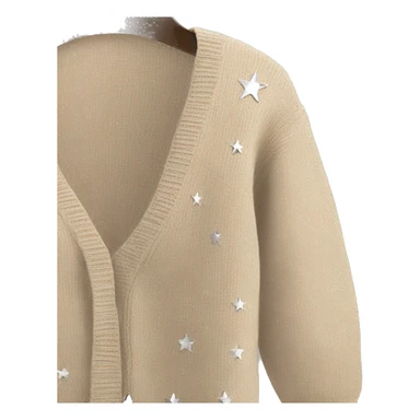 beige knit cardigan with 3 silver stars on the sleeves sticker