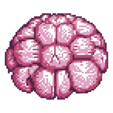 16-bit pixel art of a pink brain-shaped blob, smooth rounded brain texture, simple retro gaming style sticker