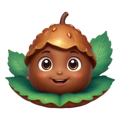 Cinematic tiny happy acorn, glossy brown, soft glowing highlights, tiny adorable face with big sparkly eyes, sitting on a pastel leaf, warm and cheerful. sticker