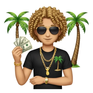 Happy mixed-race person with curly hair, black t-shirt, chain necklace, sunglasses, holding cash in both hands, palm tree beach background sticker