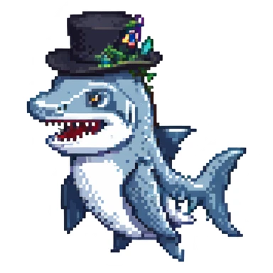 pixel art shark with a black tophat, side view sticker