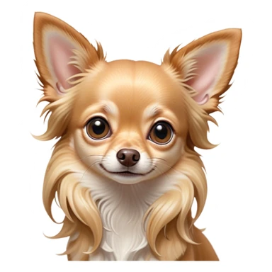 Cinematic Cute Long Haired Fawn Chihuahua Portrait Emoji, Head tilted playfully and inquisitively, silky long fawn hair with gentle highlights, round, sparkling dark eyes filled with curiosity, Simplified yet irresistibly adorable features, highly detailed, glowing with a warm, friendly glow, high shine, affectionate and lively, stylized with a touch of whimsy, bright and endearing, soft glowing outline, capturing the essence of a mischievous yet loving companion, so playful it feels like it could prance out of the screen and into your arms! sticker