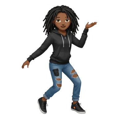 African American dark skin girl with black dreadlocks with brown tips wearing a plain black hoodie wearing denim jeans and shoes dancing in music video sticker