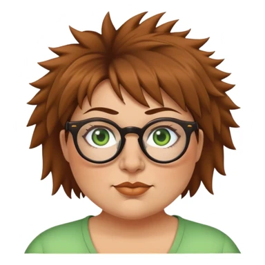  plus size white women round nose with short  brown shaggy spiked hair wearing glasses green eyes  sticker