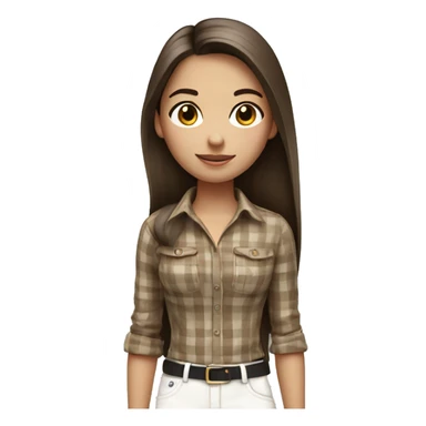 a brunette girl with long straight hair stands in a brown checkered shirt and white pants with a small black handbag sticker