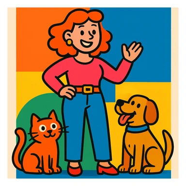 a woman standing with a cat and a dog near her on the right side, vibrant toon style illustration sticker
