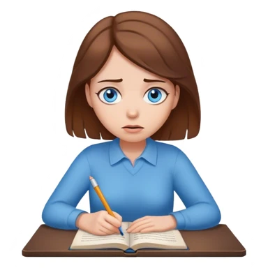 female writer, romantic, with brown hair, fair skin and blue eyes writing a book with a worried face sticker