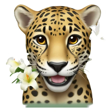 A jaguar smiling with a lily in her ear sticker