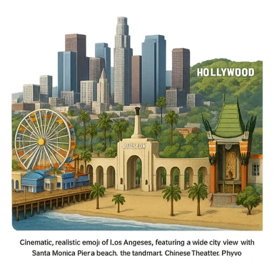 cinematic, realistic emoji of Los Angeles, featuring a wide city view with the Santa Monica Pier and beach, the iconic downtown LA skyline, the landmark arches of the Los Angeles Memorial Coliseum, the famous Chinese Theater, and the Hollywood Sign, with lifelike architectural detail, accurate colors, bright daytime lighting, fully transparent background, no sky, no clouds, no city name label sticker