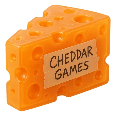 A clear, transparent orange block of cheddar cheese with holes like Swiss cheese, hyper-detailed plastic texture reminiscent of a 90's toy, soft reflections on soft flat plastic, soft and almost squishy appearance, some cloudiness, not shiny, hyper-realistic, retro, highly detailed, appealing, glowing slightly. A piece of tape messily taped to the side with 'Cheddar Games' written in messy Sharpie. Extremely high quality, no background. sticker