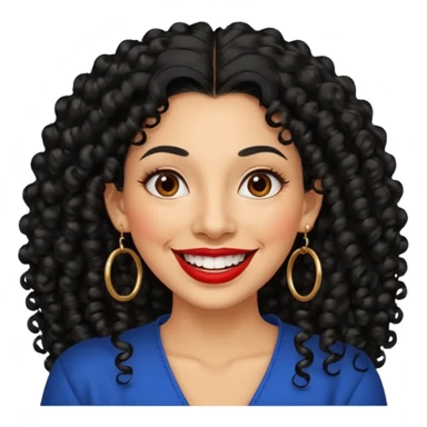 40 yr old peruvian woman, very curly long black hair, red lipstick, big smile, white teeth, brown eyes, hoop earings sticker