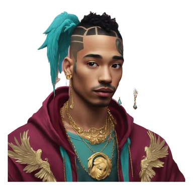 Vintage patina intricate swirls gold jewellery baroque raven wings angel tropical Deep pink maroon burgundy cyan dark hoodie man vitiligo dyed hair gold piercings nose piercing ear piercings sticker