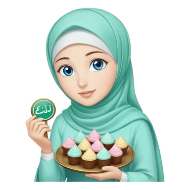 Turkish beautiful finish Konya girl blue eyes with mint hijab islamic dress and had on her hand text Eid Mubarak with sweets and celebrating with her friends eid days   sticker