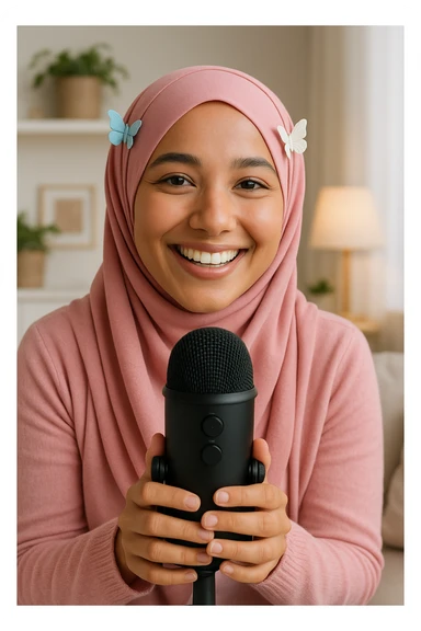 a girl ASMR content creator in a modern pink hijab, butterfly hairclips on each side, holding a microphone, cheerful and welcoming sticker