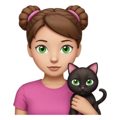 girl emoji with blue eyes, light skin, brown hair in a bun, wearing a pink t-shirt, with a black cat with green eyes, both looking forward sticker