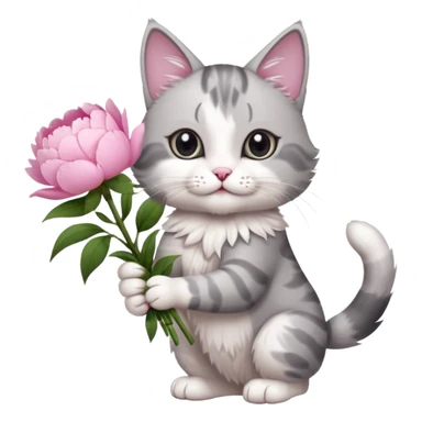 Cute cat Handing pink peonies like reaching a hand and handing them out a bouquet of them not a physical hand the cats hand  make the cat fluffy and grey and white  sticker