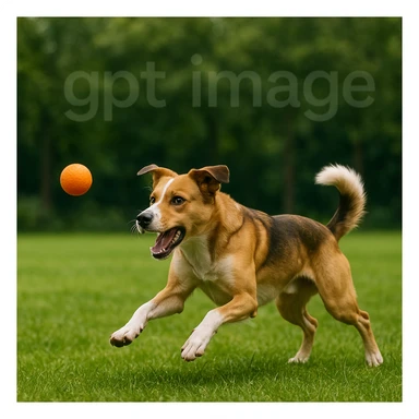  logo with text "gpt image" on the background of a dog chasing ball, realistic image sticker