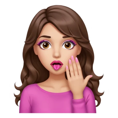 girl with long wavy brown hair, brown eyes, long lashes makeup, sexy pink lips, light to medium complexion, pink sexy top, shocked, hand covering mouth sticker