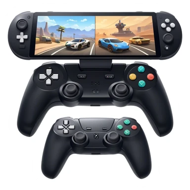 An icon showing a split-screen game display with two sections, each featuring different gameplay action. Two PS5 controllers rest below, symbolizing local multiplayer fun. The design captures the excitement of competitive and cooperative gaming. A transparent background sticker