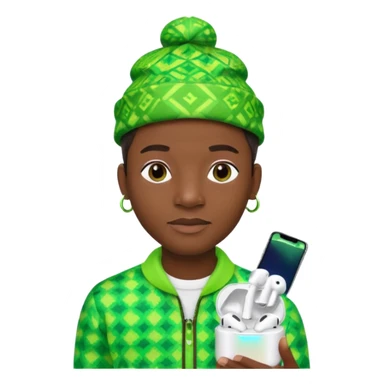Create me an detailed emoji of a cool Young Nigerian prince wearing a neon green gradient African patterns with  a hat (a Nigerian-inspired patterned hat) and wearing apple airpods sticker