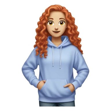 a white girl with long red curly hair, wearing a pastel periwinkle hoodie doing a pose sticker