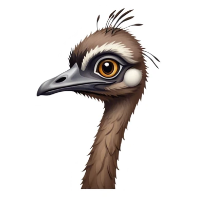 Cinematic Noble Emu Portrait Emoji, Poised and regal, with a tall, slender build and a shaggy, well-groomed fur of earthy brown feathers, a long elegant neck and deep-set soulful eyes, Simplified yet sharp and sophisticated features, highly detailed, glowing with a soft, dignified glow, high shine, intelligent and stately, stylized with an air of outback majesty, focused and attentive, soft glowing outline, capturing the essence of a watchful and confident bird, so majestic it feels as though it could stride out of the screen with effortless authority! sticker