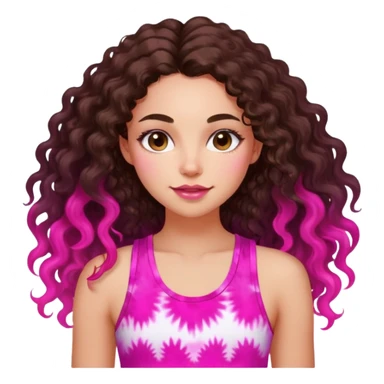 Young adult woman with luminous fair skin, long dark brown curly hair, large almond dark brown eyes, thick lips, wearing bright pink tie-dye tank top, warm friendly expression sticker