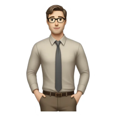 Full height Pale skinned fit man with dark brown hair in gray jacket, beige office shirt, brown tie, brown pants and vintage glasses. His right hand stretched out sticker