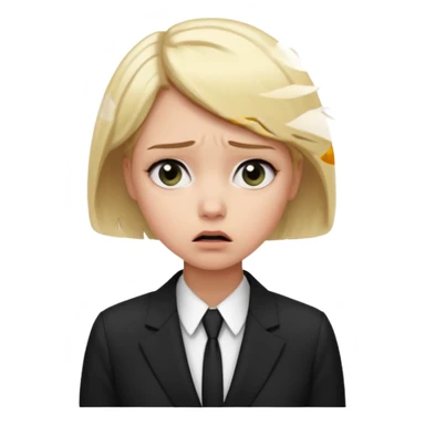 a office woman disappointed and scared now after getting yelled at, short blonde hair with black and white suit sticker
