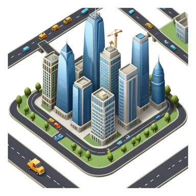 An icon showing a city-building game interface, inspired by Sim City. The design features a bustling city with roads, skyscrapers, and parks, with buildings being constructed and managed. The game’s interface, with stats and controls, is visible at the top. Transparent background. sticker