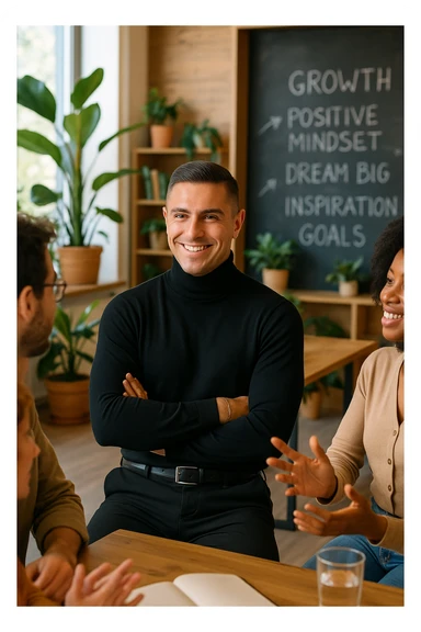 A confident man sitting in a cozy, modern coworking space, surrounded by positive, driven people engaged in creative conversation. He listens, learns, and occasionally smiles, visibly elevated by their presence. Behind him, a chalkboard or whiteboard with empowering words and ideas. The environment is filled with natural light, plants, and soft wooden textures. The atmosphere suggests emotional growth, support, and personal development. sticker