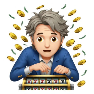 disheveled man losing money at a slot machine, panicked face, coins flying sticker