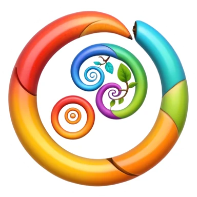 evolution symbolized by spiral with different life forms, apple emoji style sticker